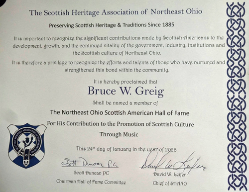 Bruce W. Greig inducted into The Northeast Ohio Scottish American Hall of Fame