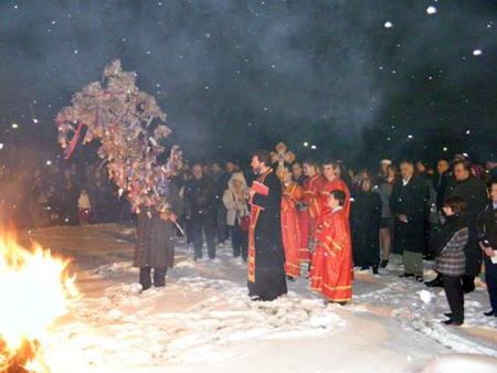 Burning the badnjak yule log at St Sava Christmas Eve