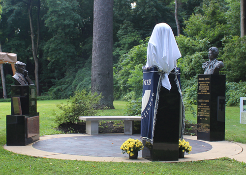 Busts of Tesla, Maric and Novak Djokovic in Serbian Garden in Cleveland