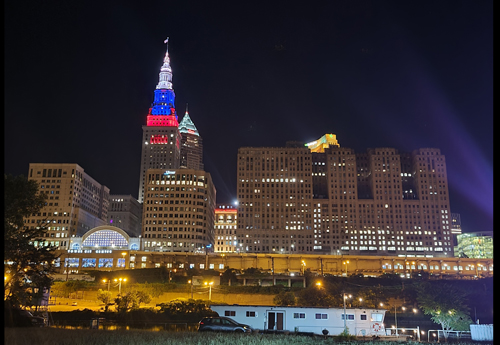 Terminal Tower lit up in the colors of the Slovenian flag