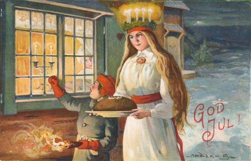 1916 Swedish Christmas card with Lucia in the snow