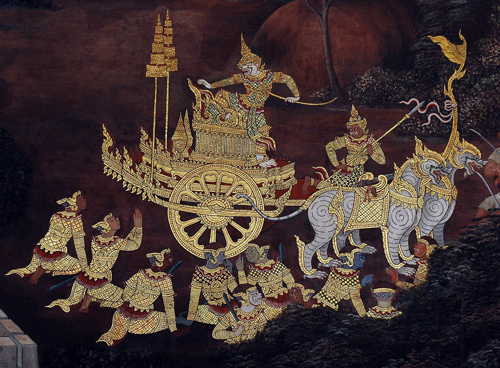 Scene from the Ramakien (Thai Ramayana) depicted on a mural at Wat Phra Kaew (Temple of the Emerald Buddha), Bangkok, Thailand