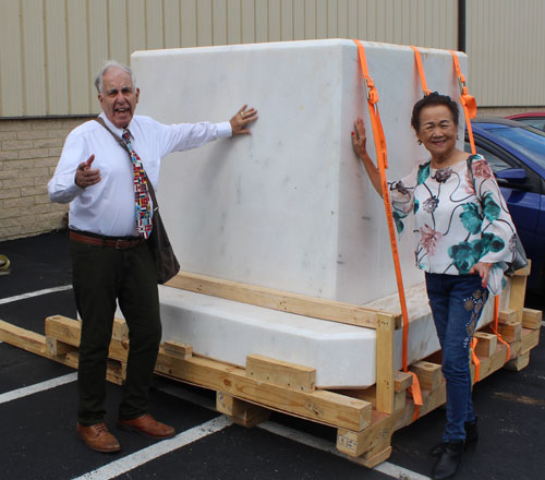 Joe Meissner and Gia Hoa Ryan with block of marble